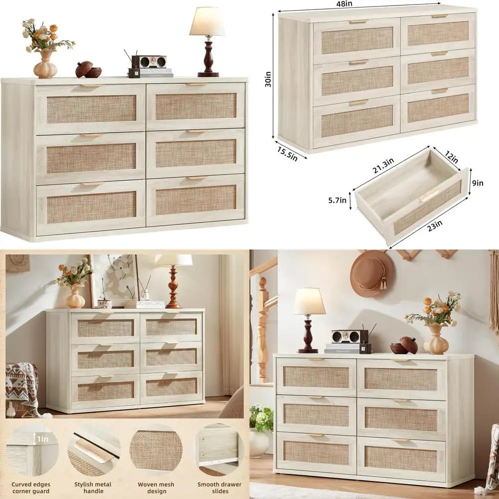 LEYAOYAO Set di 2 cassettiere in rattan per camera da letto, cassettiera Boho 48 larghe bianche, cassettiere, supporto TV con maniglia in metallo,
