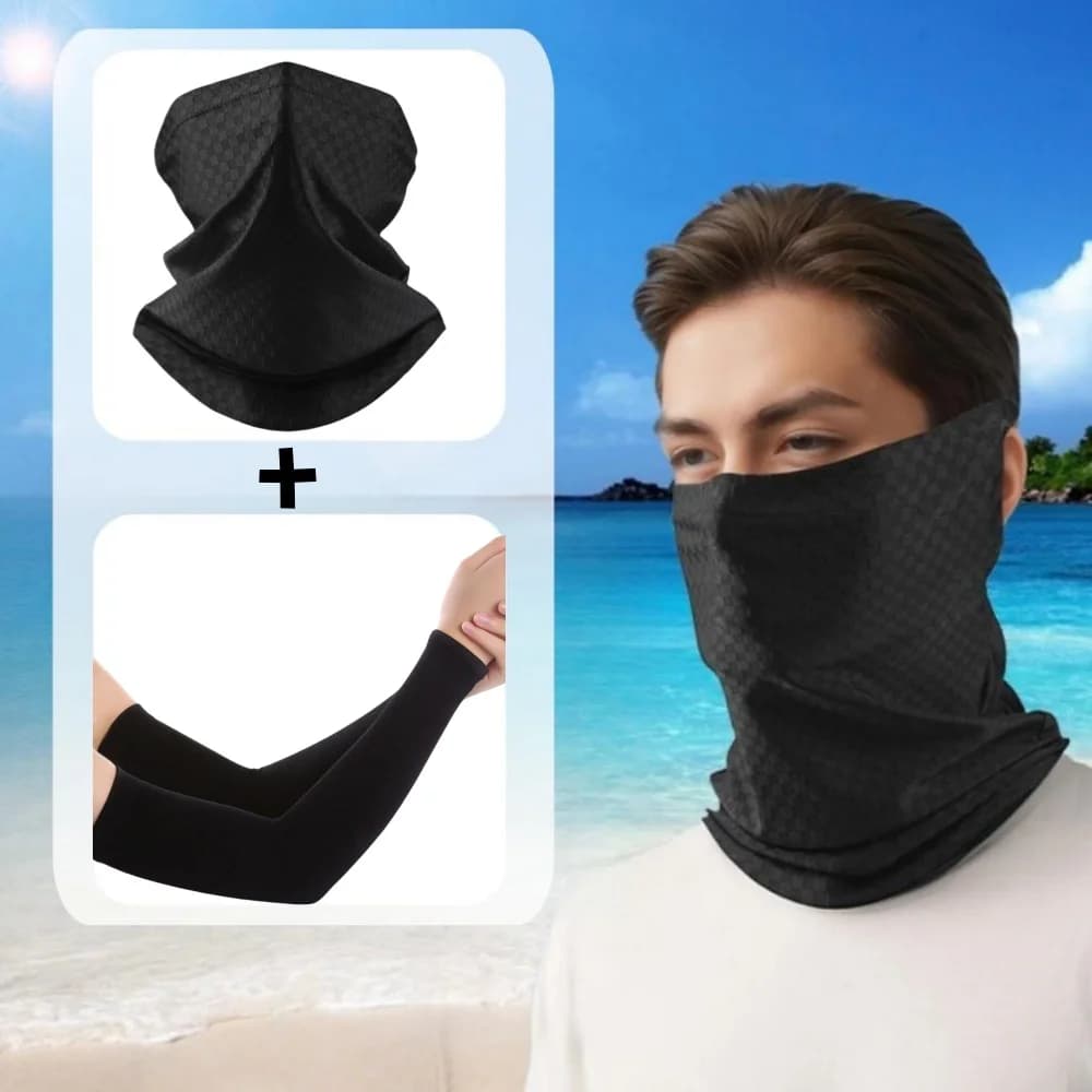 Set 2 Pezzi: Maschera Viso Rinfrescante in Seta Ghiaccio per Moto e Maniche Lavorate a Maglia Anti-UV - Set Combinato Sciarpa e Scaldacollo per Motocross/Moto