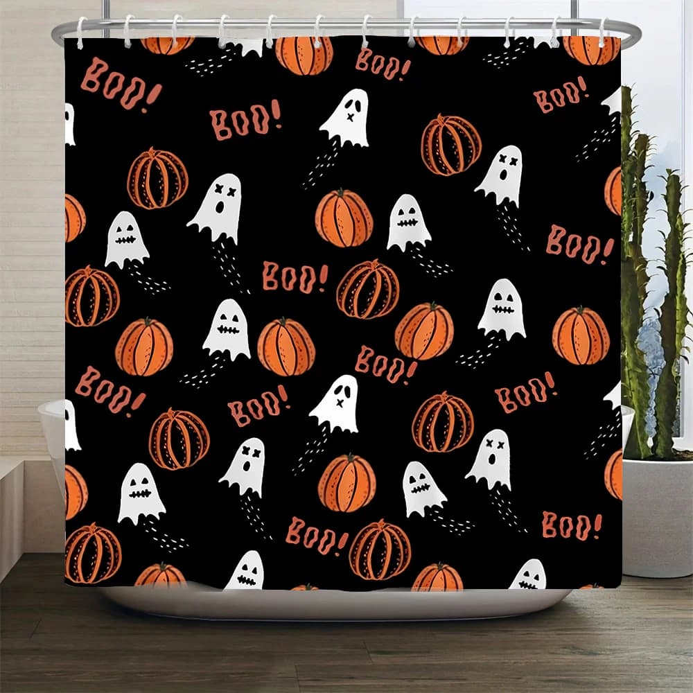 Tenda da doccia 1 pezzo: design spettrale di Halloween con fantasmi, zucche e "Boo!" Testo per un bagno festivo impermeabile