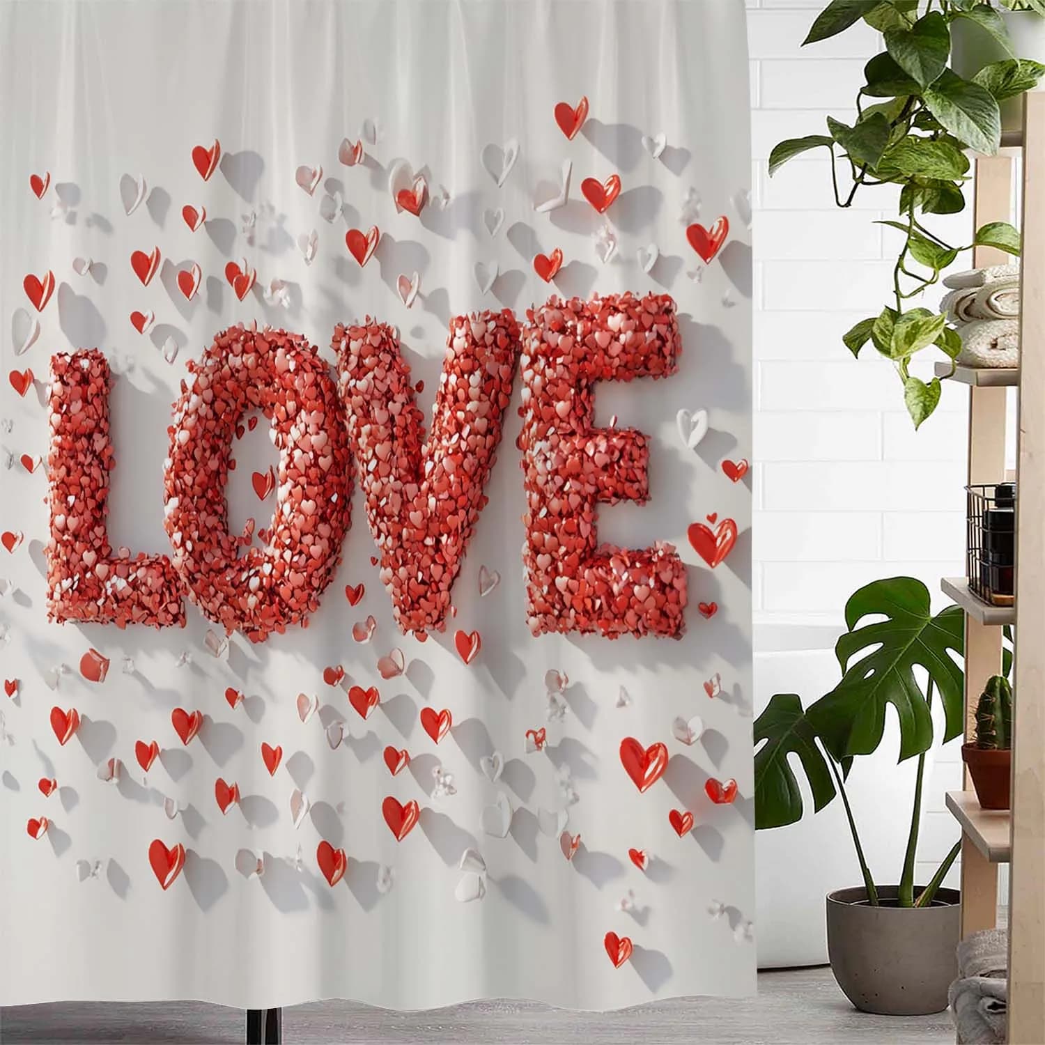 Tenda da doccia con motivo a cuore rosso per San Valentino, in poliestere impermeabile, 12 occhielli, lavabile in lavatrice, decorazione perfetta per il bagno