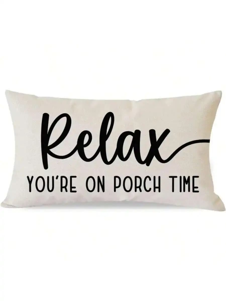 Linen Throw Pillow Cover Relax Youre On Porch Time Woven Farmhouse Lumbar Pillow Sham Zipper Sofa Decor