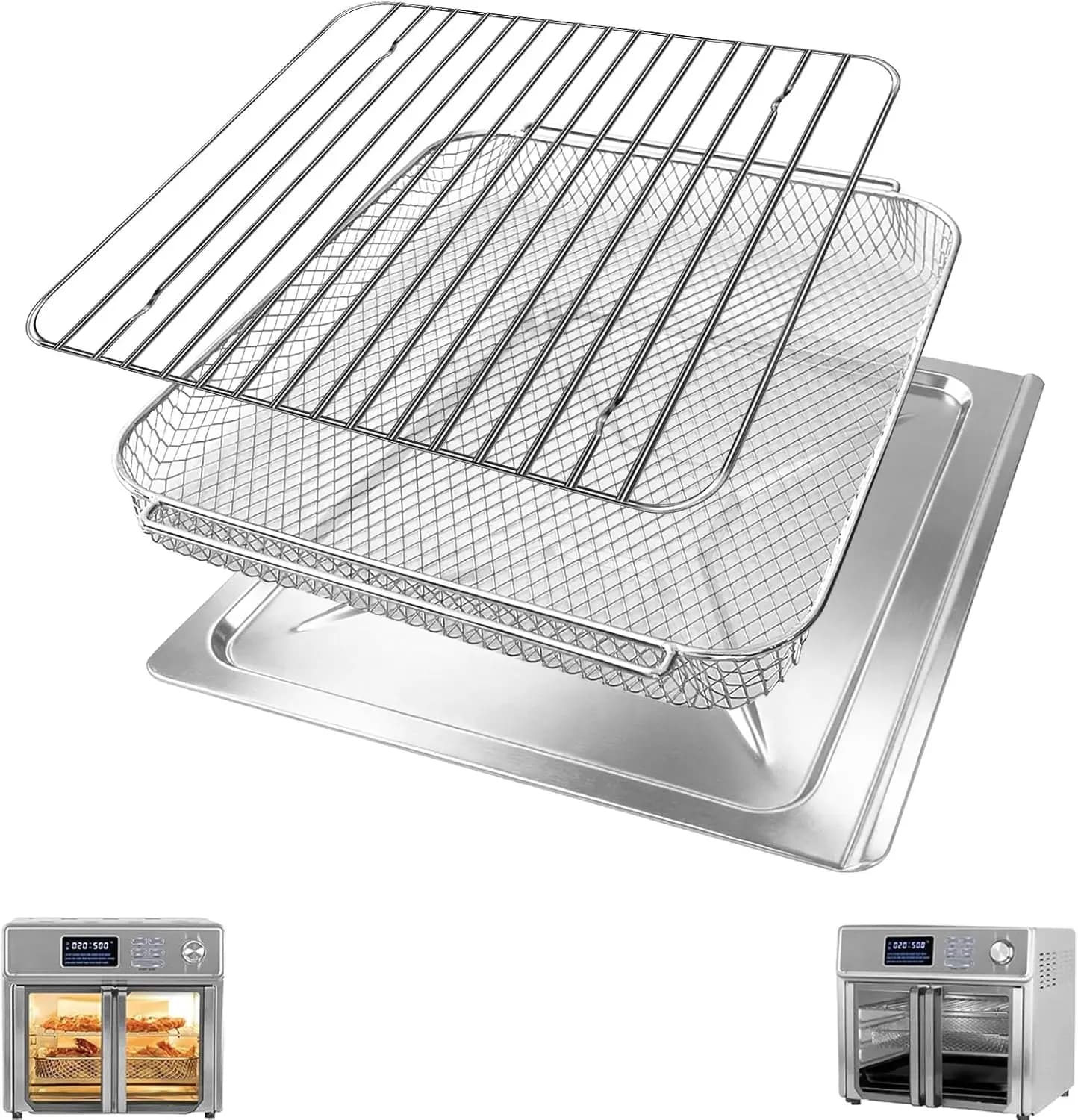 3-in-1 Spare Parts Set for Air Fryer: Tray Harvests, Basket and Grid for Oven Toaster, Stainless Steel Washable in Dishwasher