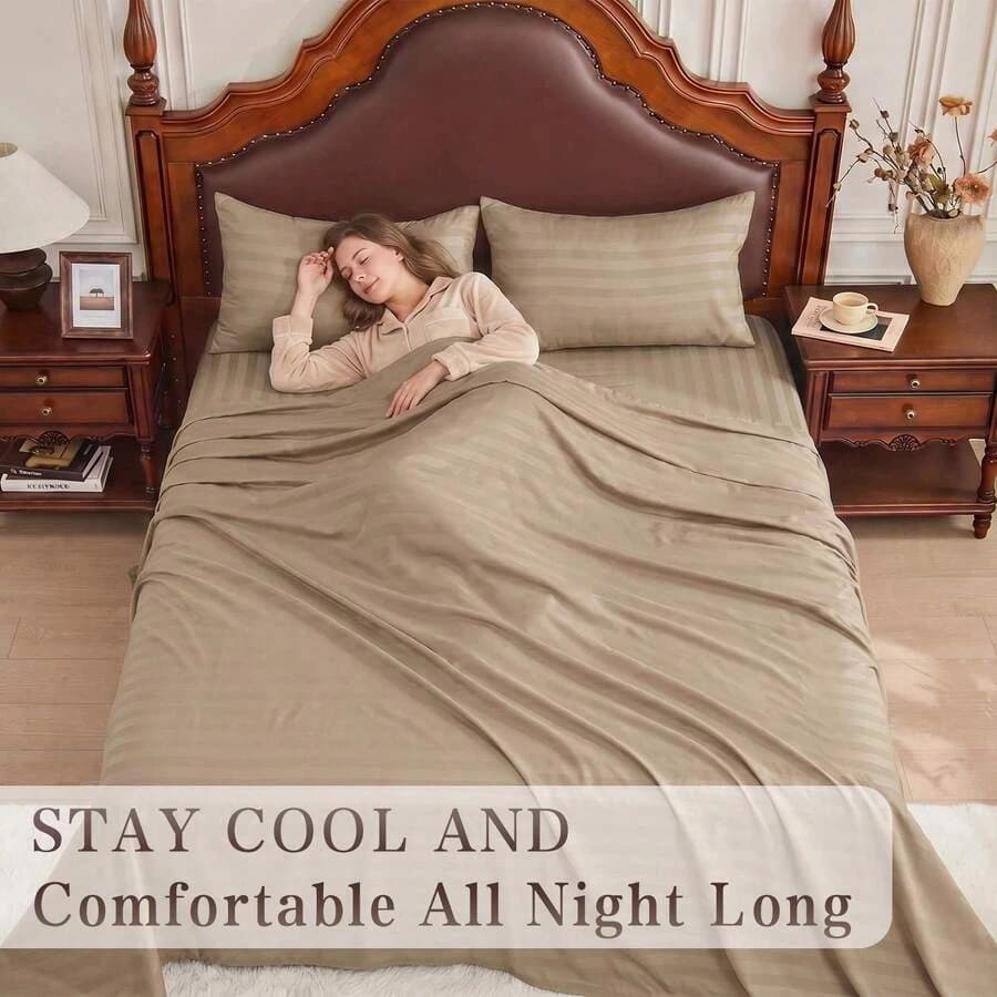 Striped Cooling Sheets Set King Size - Fitted Flat Sheet & Pillowcase Sets 4 Piece - Super Soft Stripe Bed Sheet, Easy Care, Deep Pocket /sf260521111363488956160