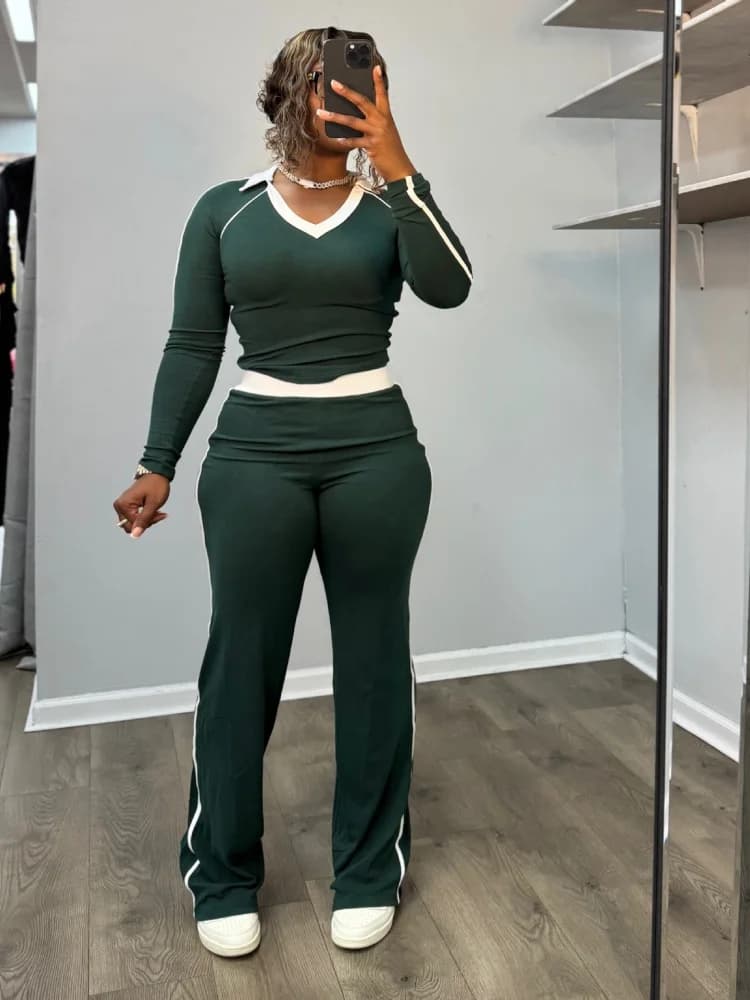 Wmstar Two Piece Sets Wholesale Fashionable Sporty and Casual Color Blocking Collared High Waist Fitted Suit Drop Shopping