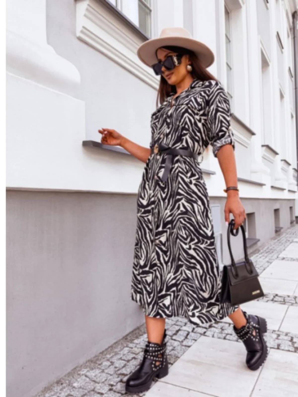 Abito chemisier autunnale alla moda con stampa zebrata a maniche lunghe da donna, lunghezza media, chiusura a bottone singolo, stampa animalier
