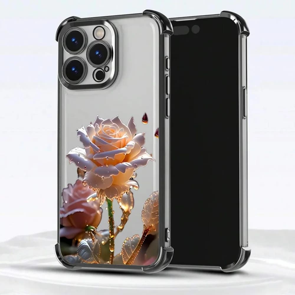 Custodia per telefono con motivo a rose di cristallo per iPhone 17 16 15 14 13 12 11 Pro Max Plus Air 17e 16e, con placcatura e protezione anti-caduta sui quattro angoli