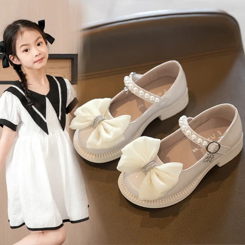 Flat Princess Shoes for Kids with Girl's Bow Moccasins Mary Jane Black Sneakers Children's Party Shoes Perlated Leather 6 Years