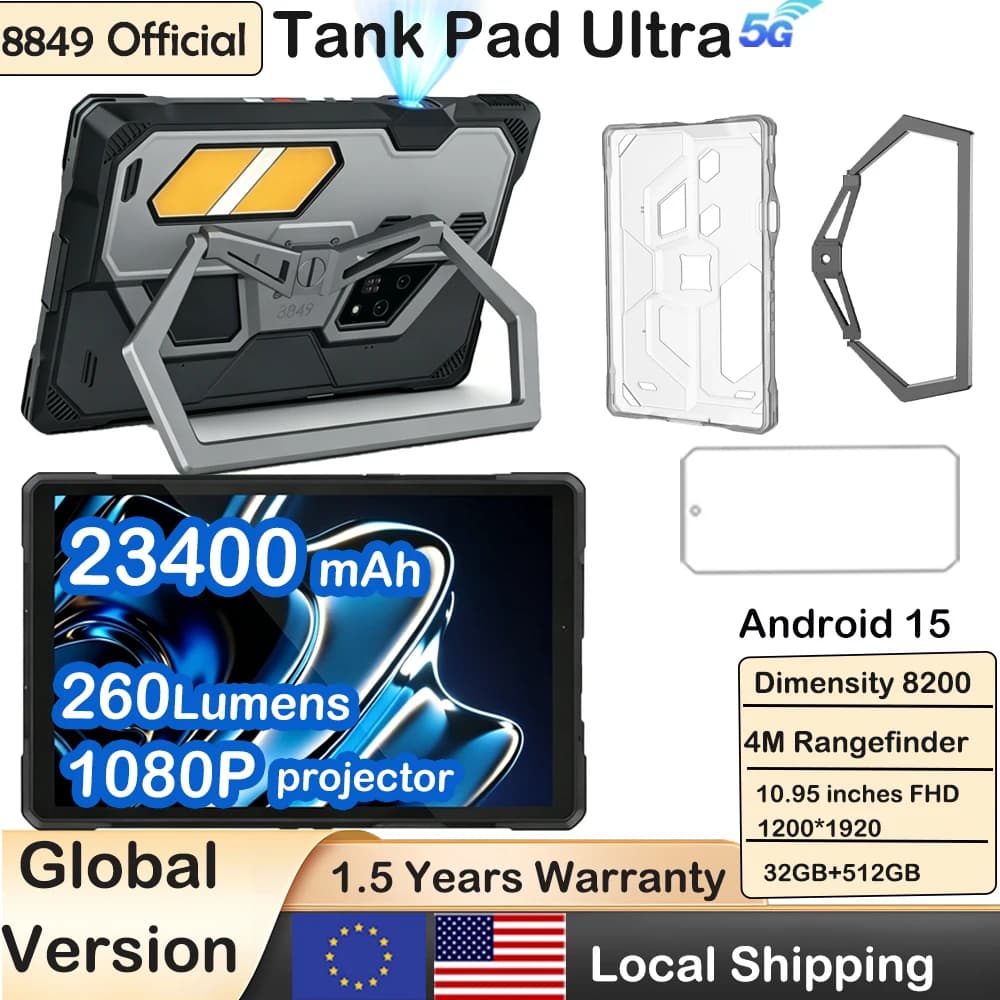 8849 Tank Pad Ultra Unihertz Rugged Tablet with Projector 260 Lumens 1080P 23400mAh 5G Android15 Wifi 6 32+512GB Dimensity 8200