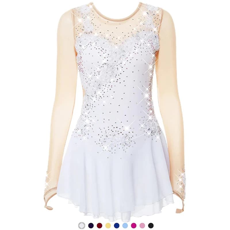 Costume da ballo bianco per balletto in pizzo floreale per bambini adulti, competizione di ginnastica ritmica, body, pattinaggio di figura su ghiaccio