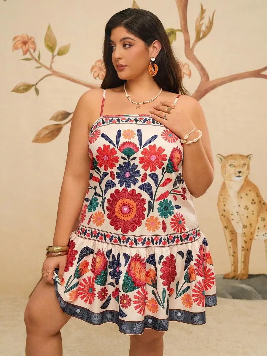 Bohemian Plus Size Floral Print Spaghetti Strap Sleeveless Short Dress For Summer Beach Vacation