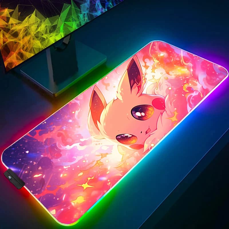 LED 90x40cm Backlit Mouse Mat P-Pokemon Eevee Player Accessories Fast Keyboard XXL Rubber Desk Mat with RGB Lockable Edge for Laptop