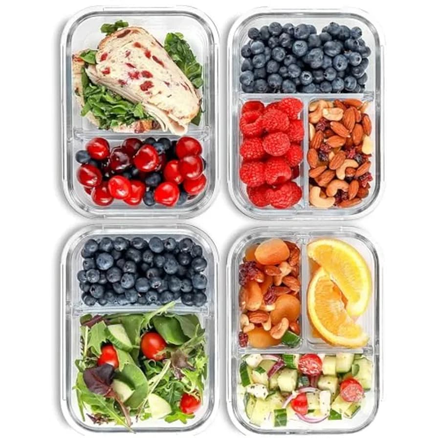 Glass Meal Prep Containers, 2 3 Compartments - Portion Control, Lunch Container Set, Food Storage, Airtight Lids, Oven Freezer