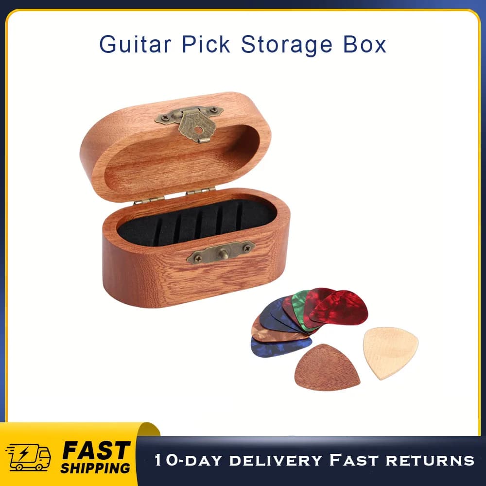 Scatola Porta Plettri per Chitarra in Legno con 2 Plettri in Legno e 8 Plettri in Celluloid, Contenitore per Accessori Musicali per Chitarristi