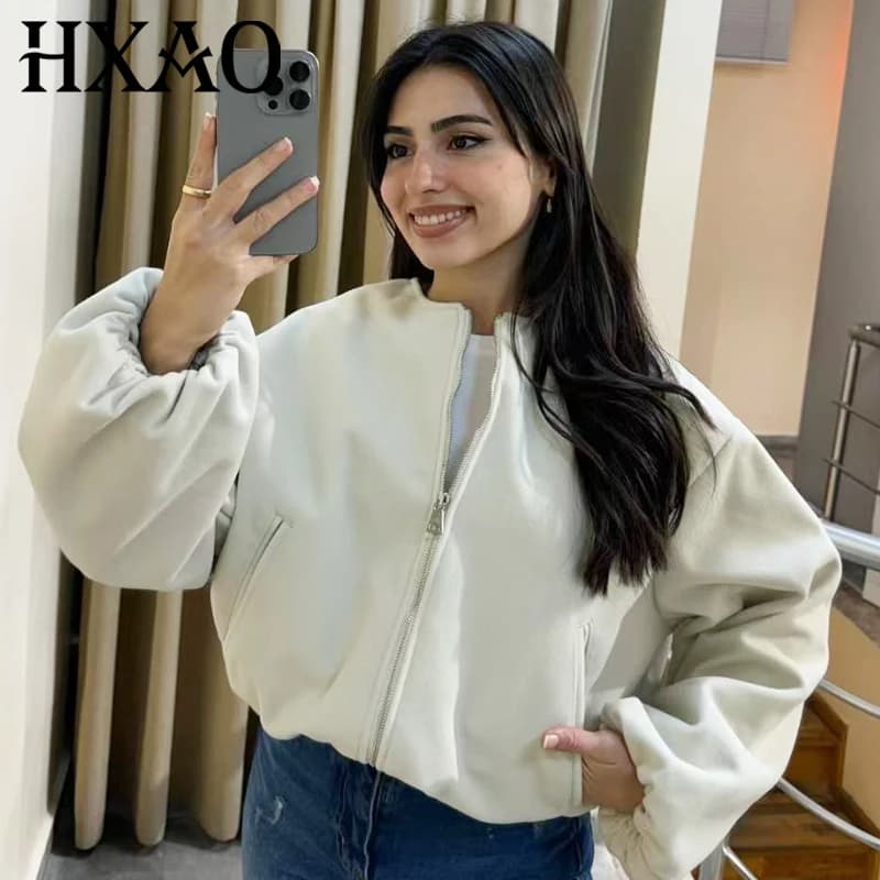 HXAO Giacca bomber da donna Retro O Collo Giacca corta morbida Orlo elastico Cerniera Donna Cappotti corti Capispalla femminile 2025 Primavera