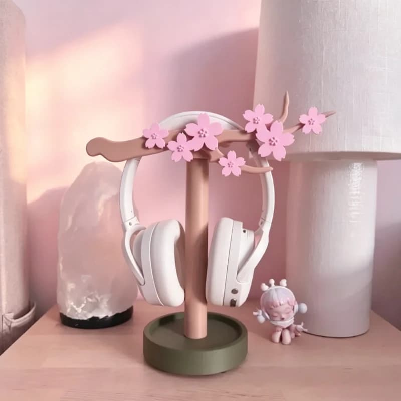 Supporto per Cuffie a Forma di Fiore di Ciliegio Sakura, Grazioso Porta Cuffie da Scrivania con Vassoio per Gaming e Ufficio