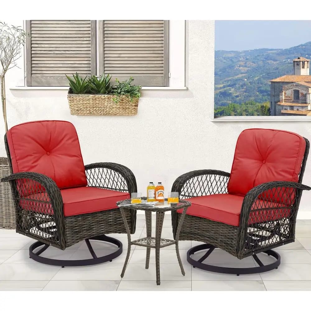 Set di mobili da giardino in 3 pezzi, sedie da giardino girevoli per esterni, set da bistrot in vimini con sedia a dondolo, cuscini ispessiti