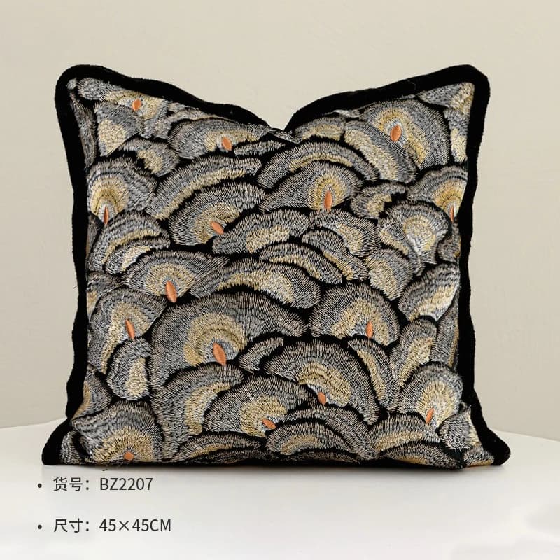 Luxury Retro Single-Sided Peacock Feather Embroidered Pillow Cover, High-End Black and Gold Sofa Decorative Lumbar Pillow Case