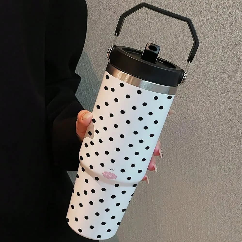 Polka Dot Cartoon Handheld Vacuum Cup, Lidded Portable Mug All Season Leisure Driving Car Camping