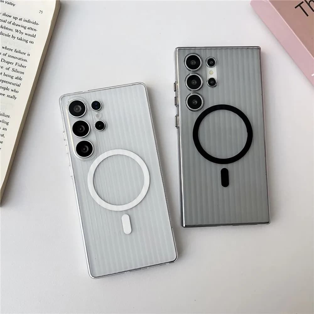 Cover trasparente geometrica per Samsung S25 Ultra S24 S23 Plus Ultra Magsafe Custodia rigida opaca per telefono con strisce ondulate magnetiche