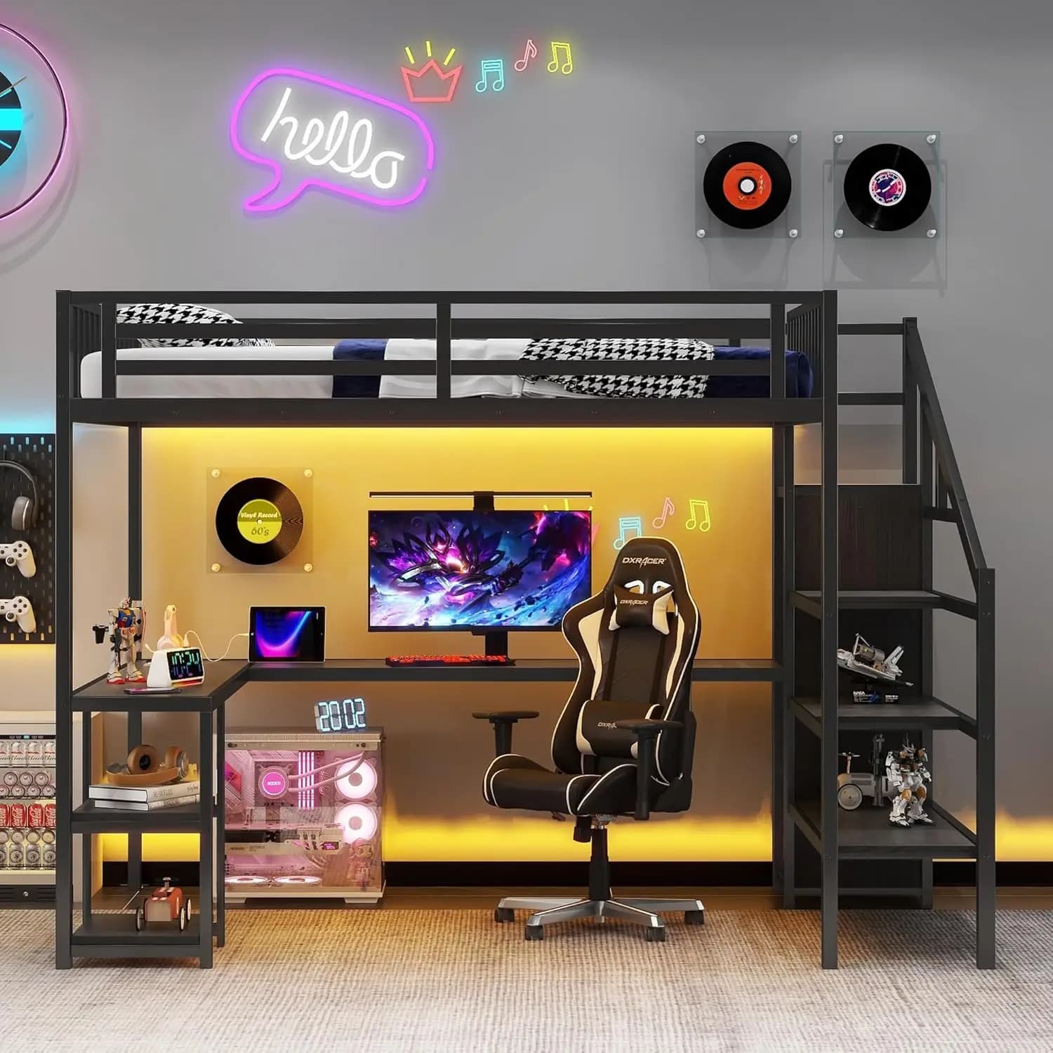 "Spagiosa letto a soppalco con scrivania e scala, letti a soppalco da gioco con illuminazione e contenitore a LED RGB, robusto struttura letto a soppalco in metallo