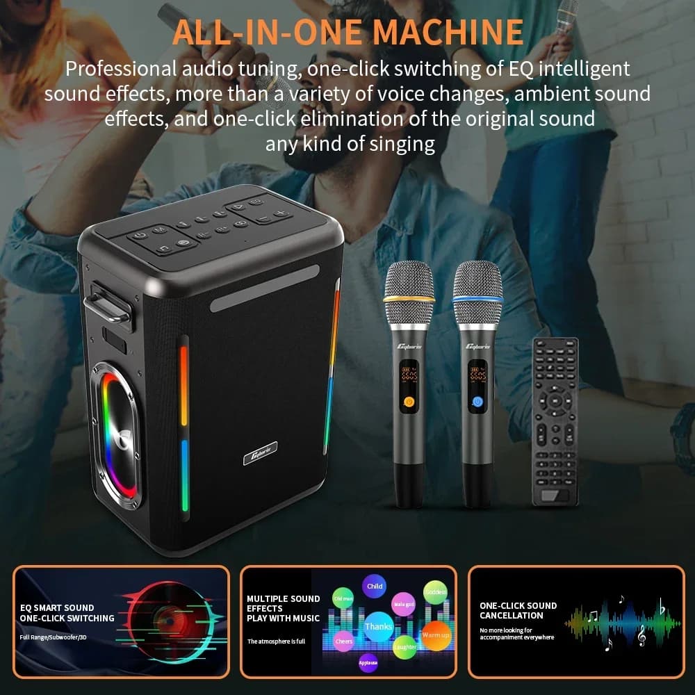 Macchina per Karaoke 2026 con Due Microfoni Wireless, Sistema PA Portatile con Telecomando, RGB, TWS, USB