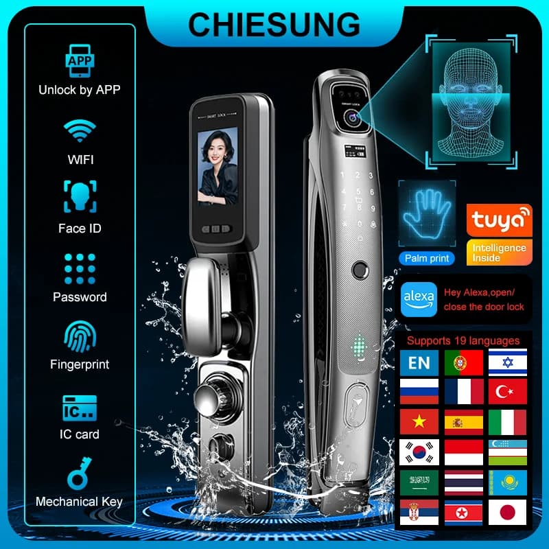 Serratura per porta 3D multilingue con riconoscimento facciale, impermeabile, compatibile con Alexa, telecamera, sblocco con impronta digitale e chiave elettronica per una sicurezza domestica garantita