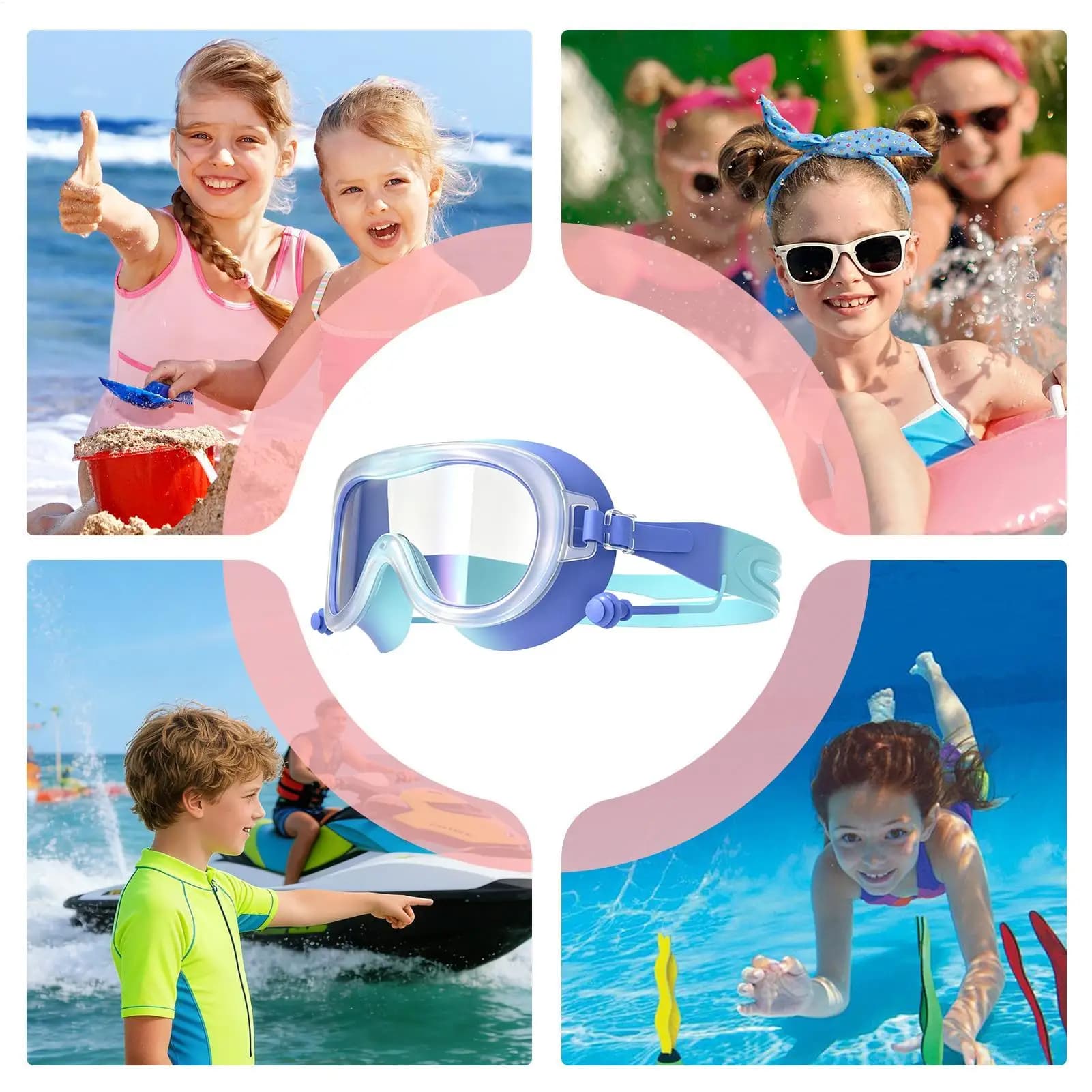 Kids Swim Goggles Anti-Fog Wide View Pool Glasses With Earplugs UV Protection Girls Goggles With Adjustable Strap For Kids Ages