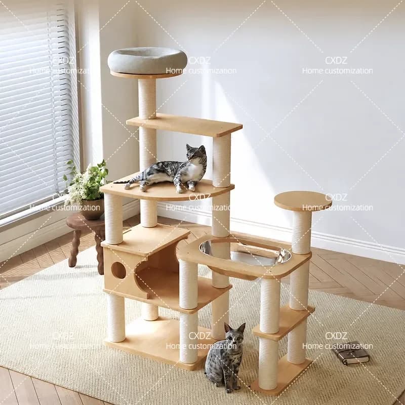 Large All Solid Wood Cat Tree with Nest Integrated Rubber Wood Climbing Frame Household Cat Shelf Tower Furniture