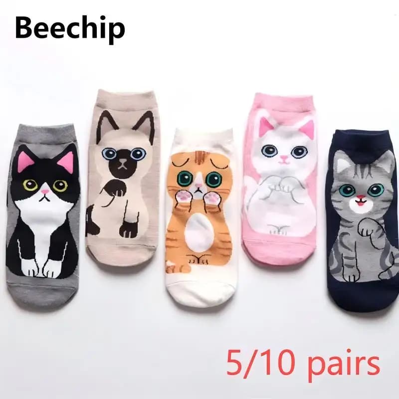 5/10 paia/set calzini alla caviglia da donna con simpatico gatto cartone animato, traspiranti, perfetti per la moda quotidiana