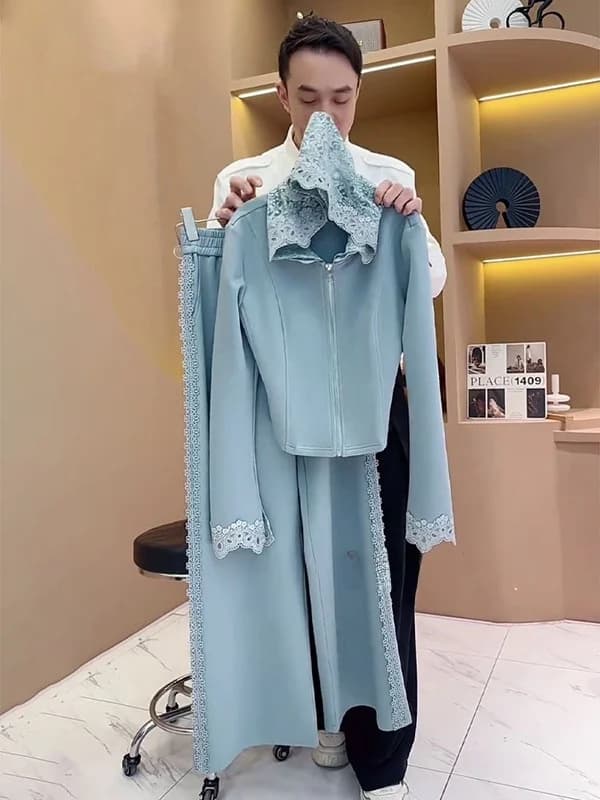 Fashionable Lace Splice Hoodie Set Women's Spring Autumn Casual Sportswear Long Sleeve Polyester Fiber Hat Included Two-Piece...
