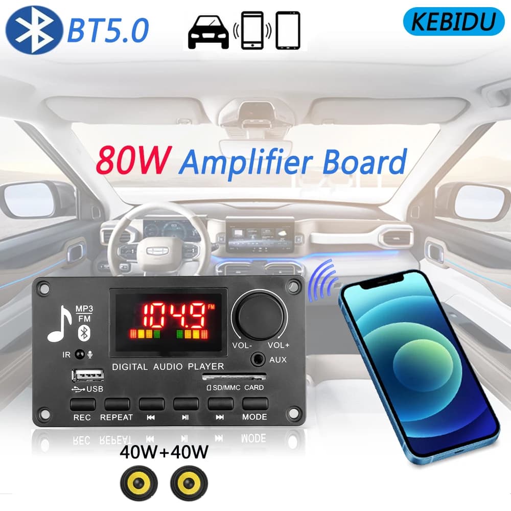 80W Bluetooth 5.0 Scheda di decodifica MP3 Amplificatore Lettore musicale per auto wireless Supporto Radio TF USB Modulo AUX da 3,5 mm Kit altoparlante per auto