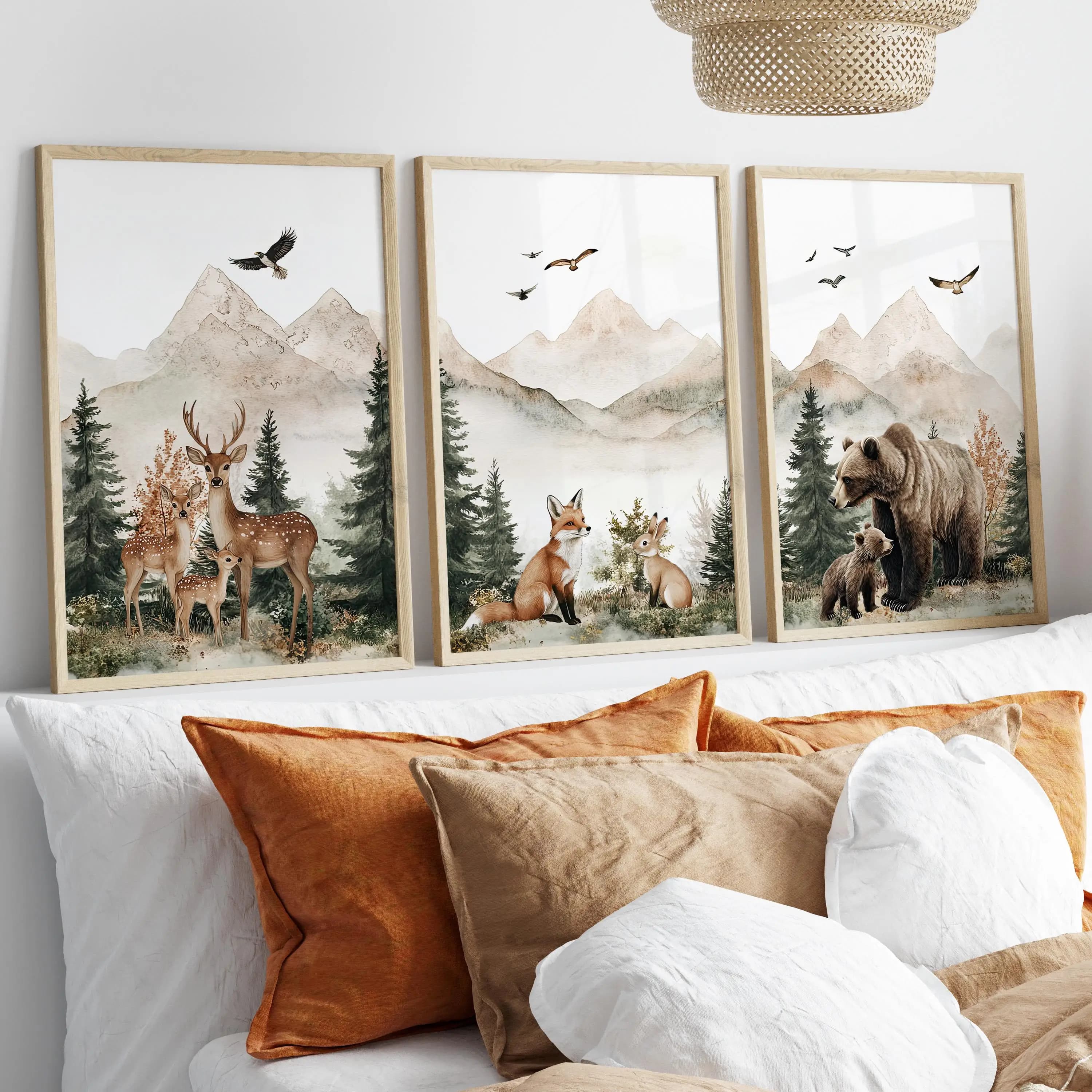 Woodland Nursery Watercolor Art Print on canvas Poster Room furniture Mountains Forest Art print neutra Animal Forest Wildlife Decoration