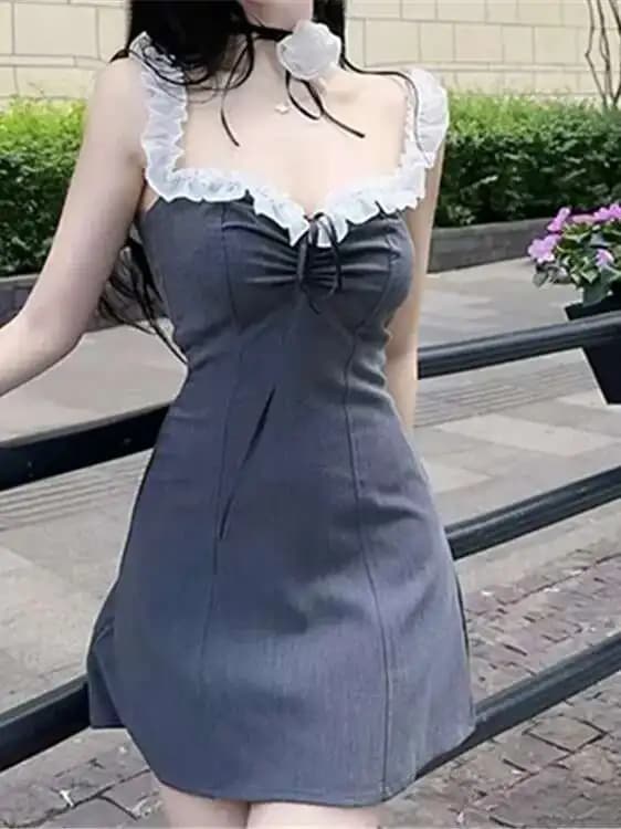 Ragazza con scollo a V piccante fionda vestito 2024 estate nuovo stile dolce temperamento pizzo splicing vita alta dimagrante abito a-line I95W