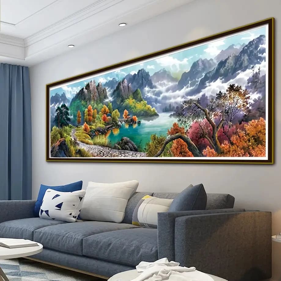 A Chinese-style cross-stitch DIY kit with the meaning of flowing water bringing wealth and a treasure bowl, featuring a landscape painting of mountains, rivers, lakes, and clouds, a large handmade embroidery material package for the living room, study, or entryway