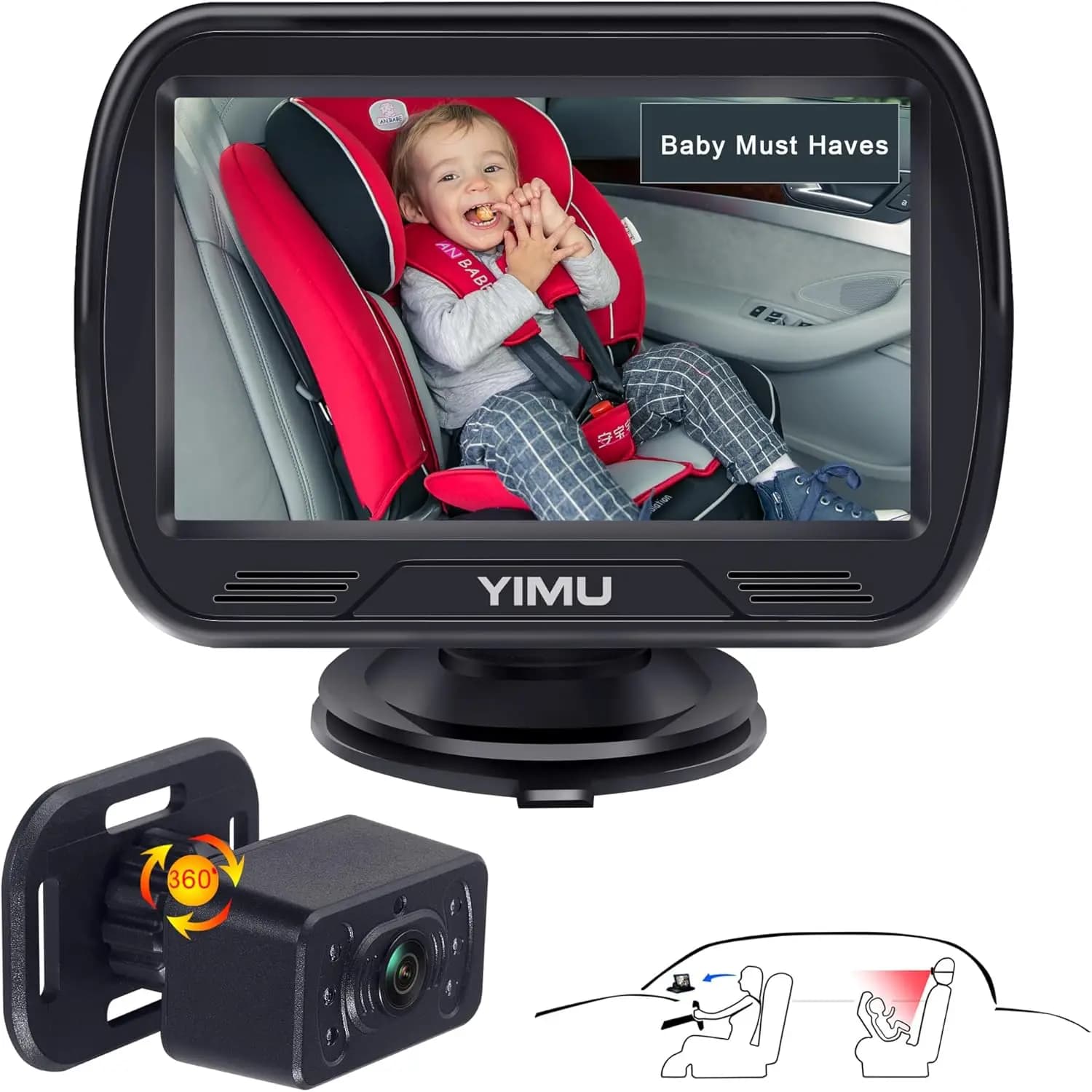 Telecamera per auto HD720P per il monitoraggio dei bambini sul sedile posteriore, monitor a installazione rapida con visione notturna, 360° ° Girevole per la sicurezza del sedile posteriore
