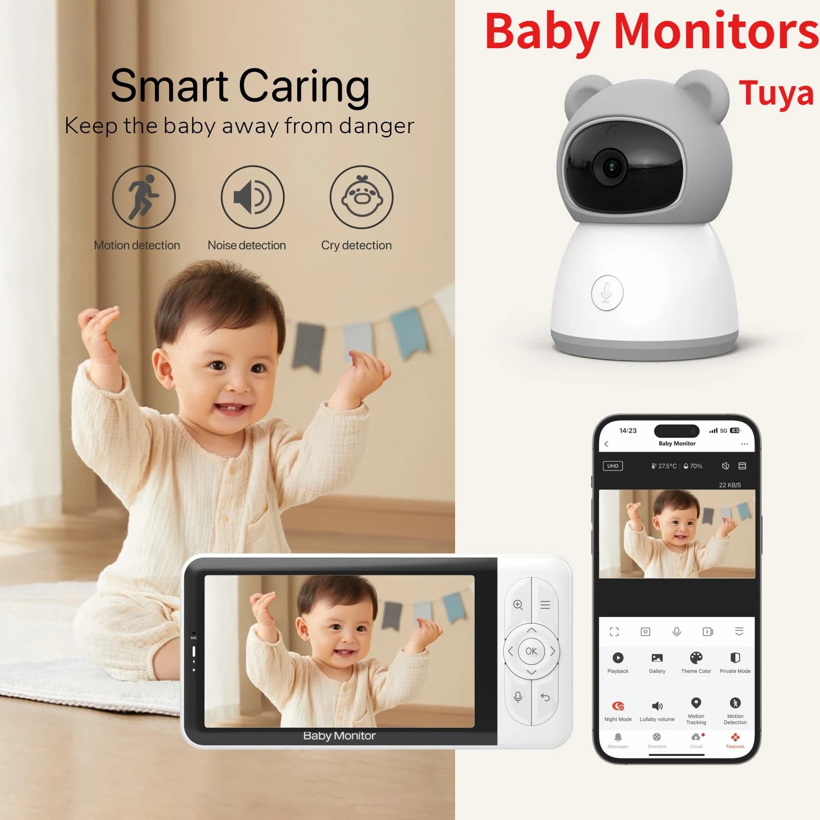Tuya B6TY Smart Baby Monitors camera Temperature Detection APP View Control Baby Nanny 2-Way Audio Baby Cam 1080P Display 3000