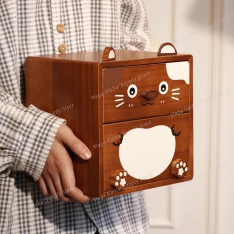 Cute Cat Shape Desktop Storage Box Wooden Drawer Sundries Storage Boxes Desk Wooden Organizer Box Cartoon Stationery Organizer
