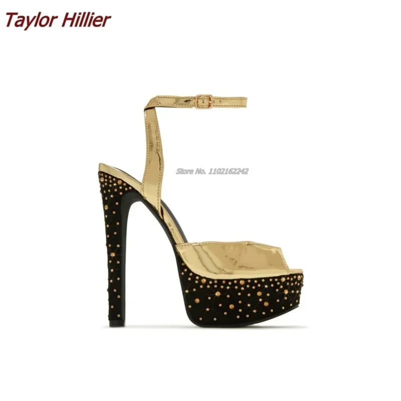 Sandali estivi con plateau per banchetti dorati Sandali sexy con cinturino con fibbia a spillo e punta aperta con strass Scarpe da donna per feste all-match 46