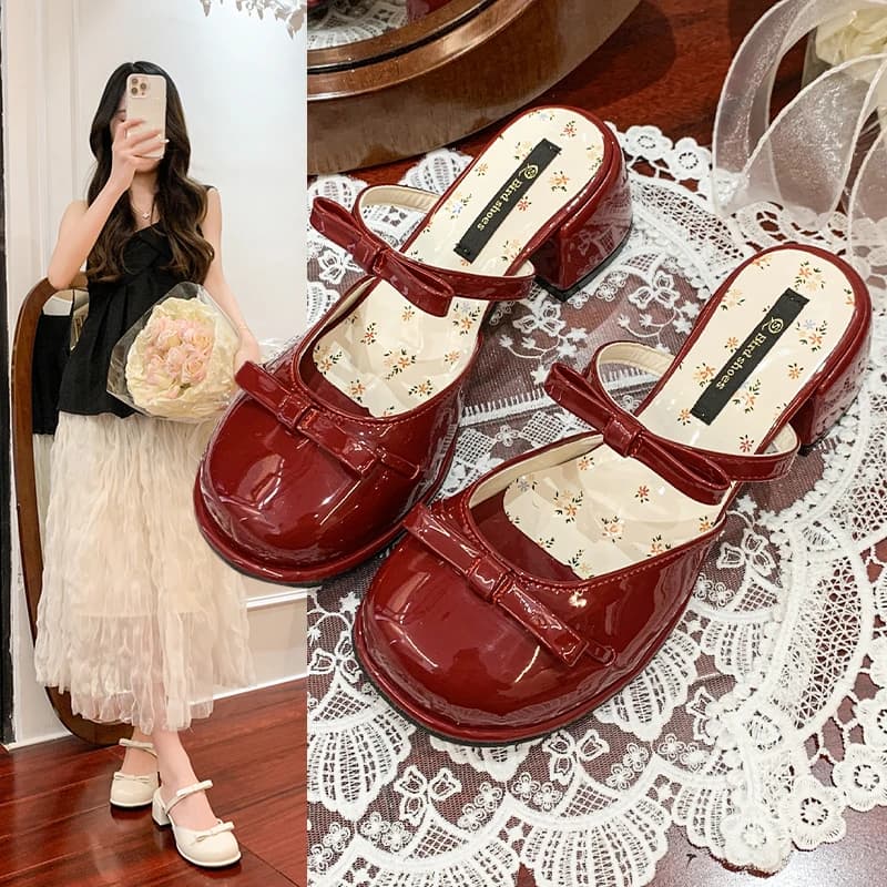 Bow Mary Jane Baotou Women's Sandals 2025 Summer New Outdoor Clothing Fairy Gonna Fashion Wide Heel High Heels