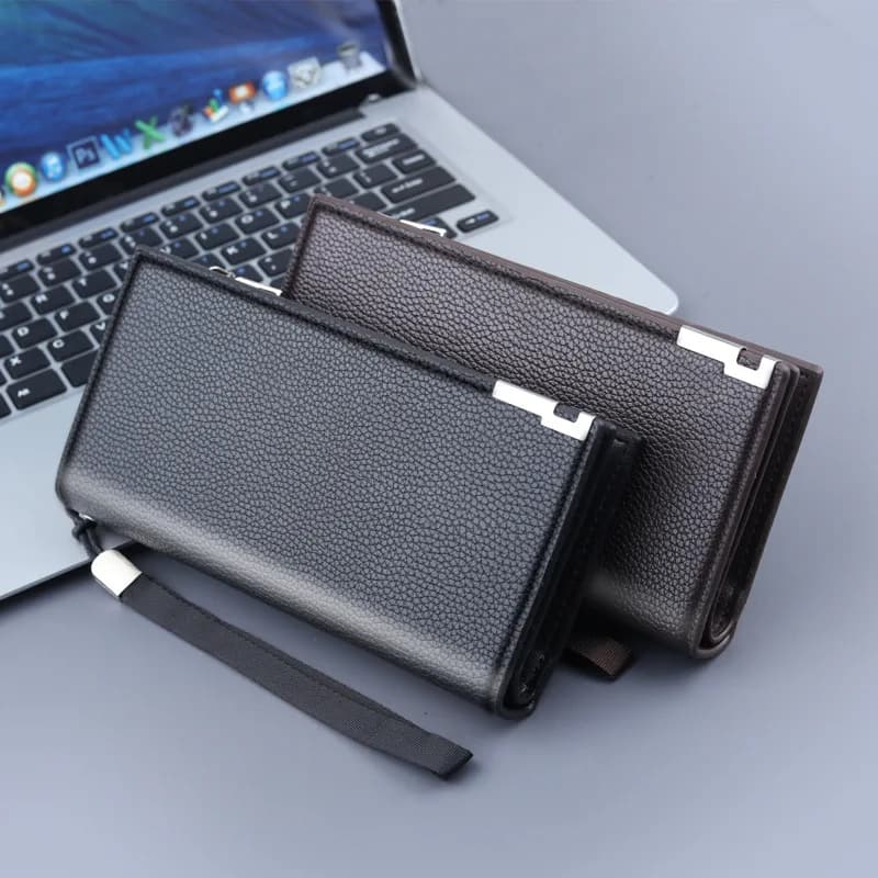 Portafoglio Lungo da Uomo in Pelle PU con Bordo Metallico di Lusso, Blocco RFID, Antifurto, Sottile, con Tasche Multiple per Carte e Telefono, per Affari