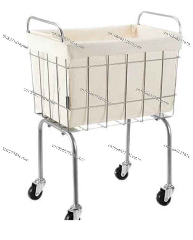 Wooden basket with wheels, mobile basket with removable bags and shelves, metal structure