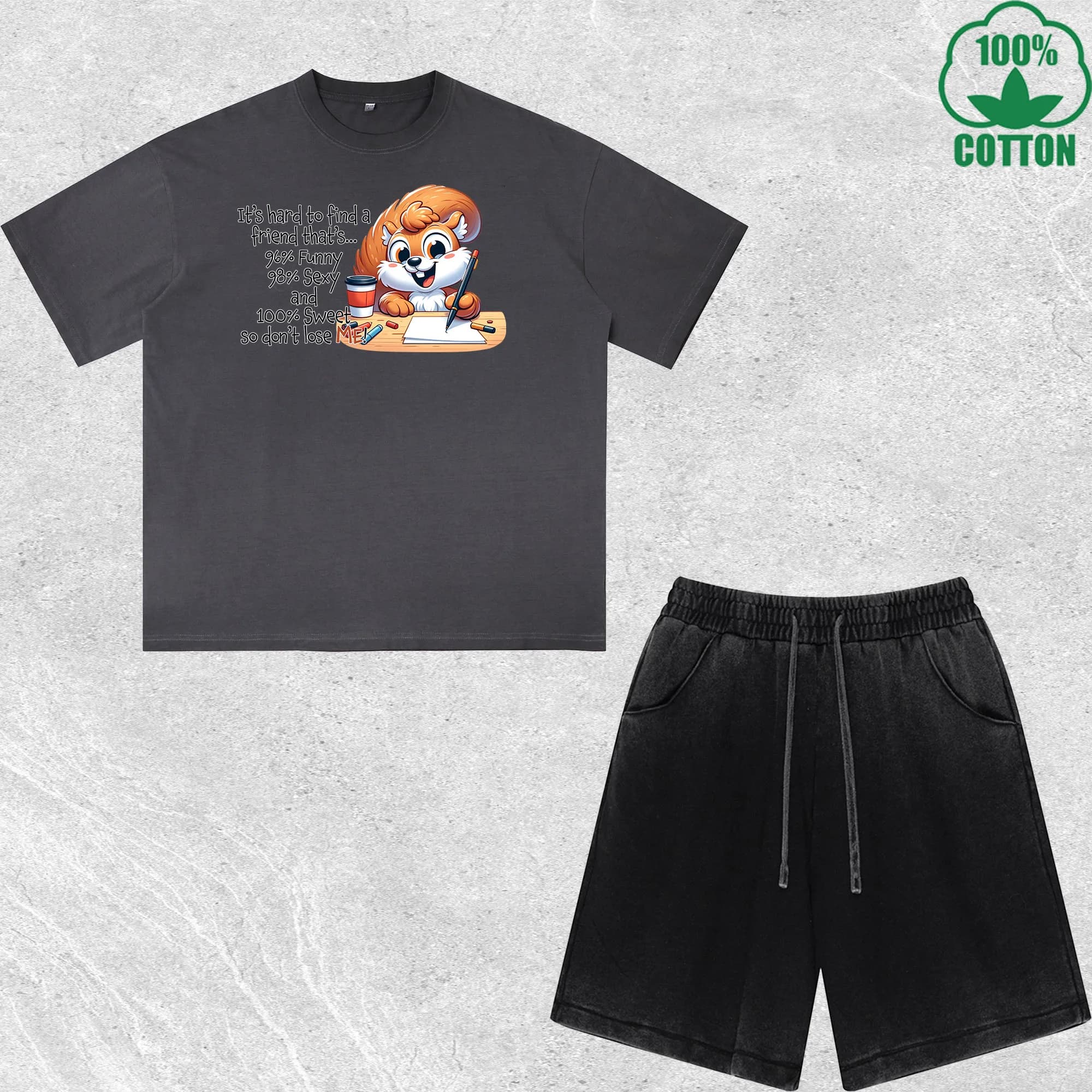 Complete T-shirts and Shorts with Funny print Scoiattolo, Effetto Lavato, Amplicity, Fashion, 100% Cotton, Black