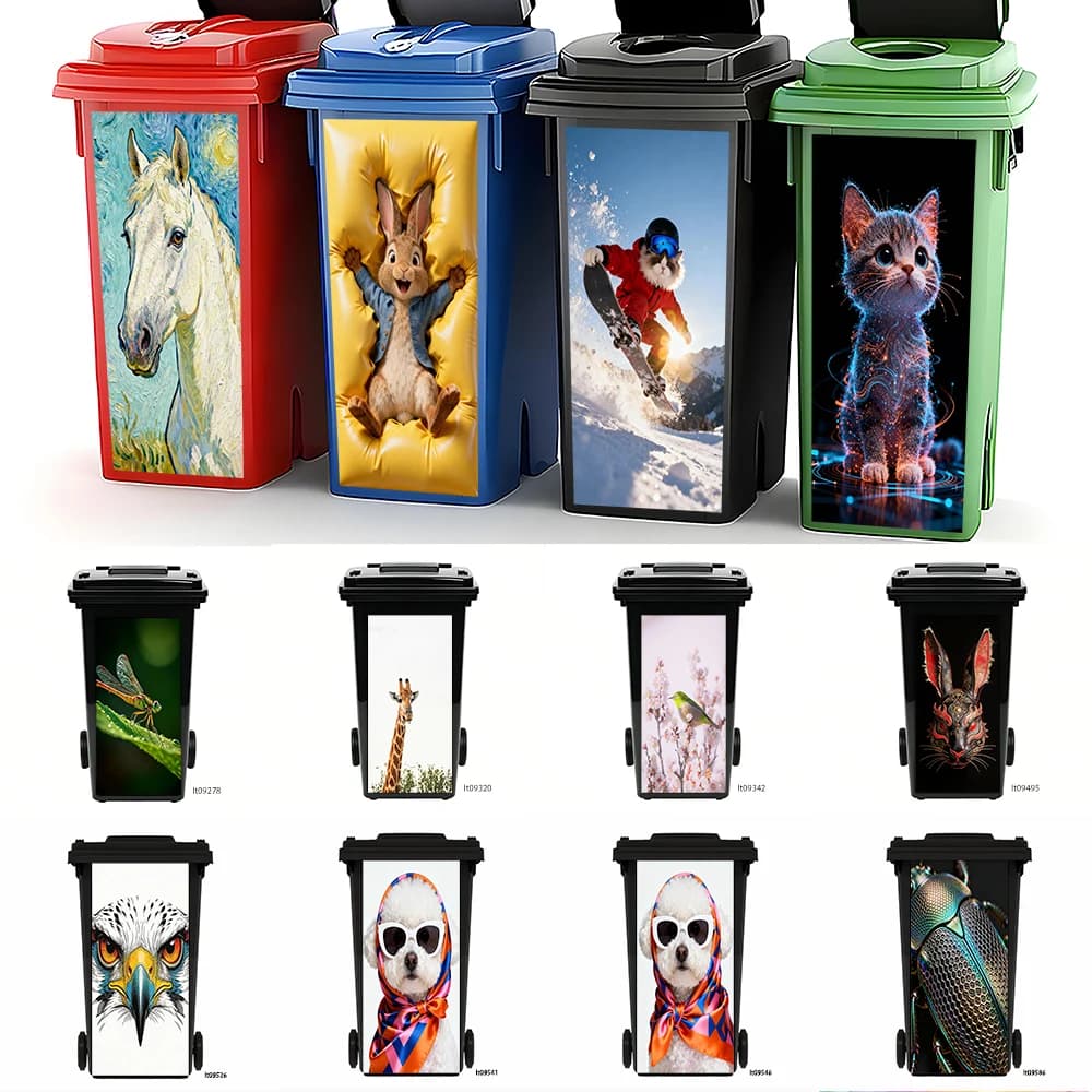 Elegante Adesivo per Cestino della Spazzatura con Motivo Tigre, Cavallo e Gatto, Decorazione Artistica per Bidone dei Rifiuti con Stampa Animale, Impermeabile e Rimovibile, per Esterni
