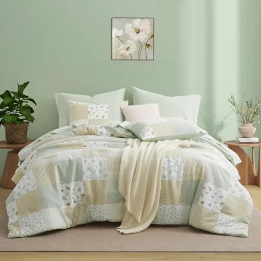 Comforter Set 7 Pieces Floral Seersucker Bed Comforter Patchwork Reversible Bed in a Bag with Comforter Sheets Pillowcases and