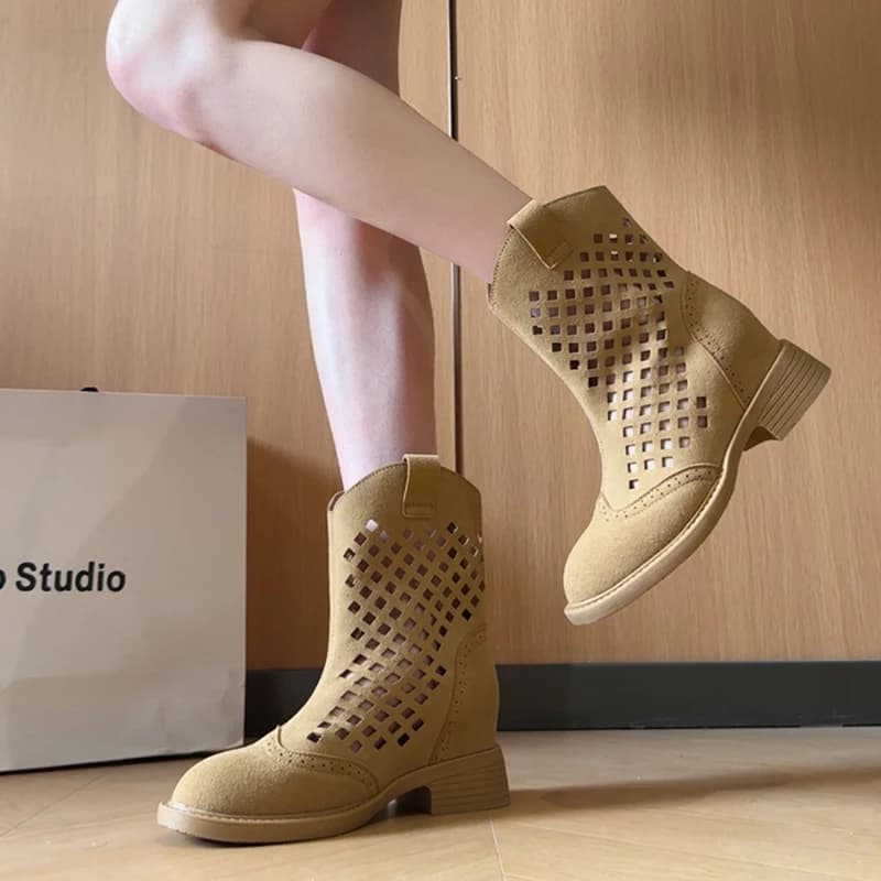 Slimming Hollow out Western Cowboy Boots Roman Sandals Women's Summer Thin Net Boots Short Boots Hollow Boots