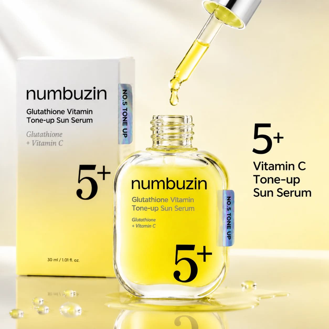 Numbuzin No.5+ Glutathione Vitamin‑C Tone‑up Sun Serum Brightening Anti‑Oxidation Sun Protection Lighten Dull Skin UV‑Defense