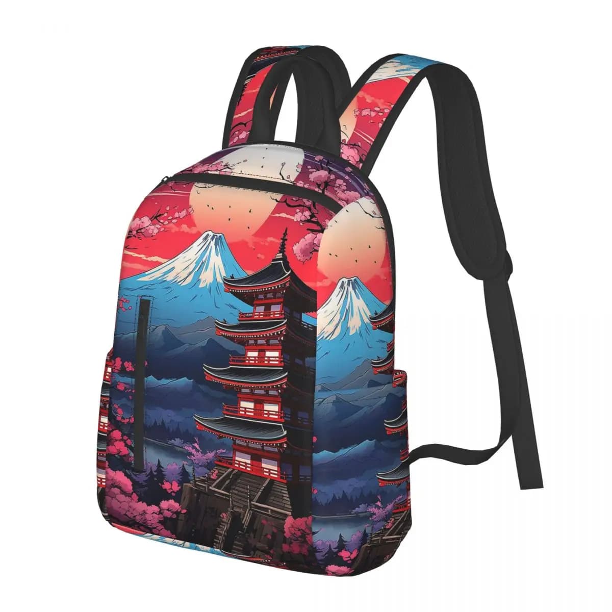 Sakura giapponese con fiori di ciliegio e sole rosso in ascensione, zaino per la scuola, borsa da viaggio per escursioni, borsa da viaggio alla moda, borse a tracolla