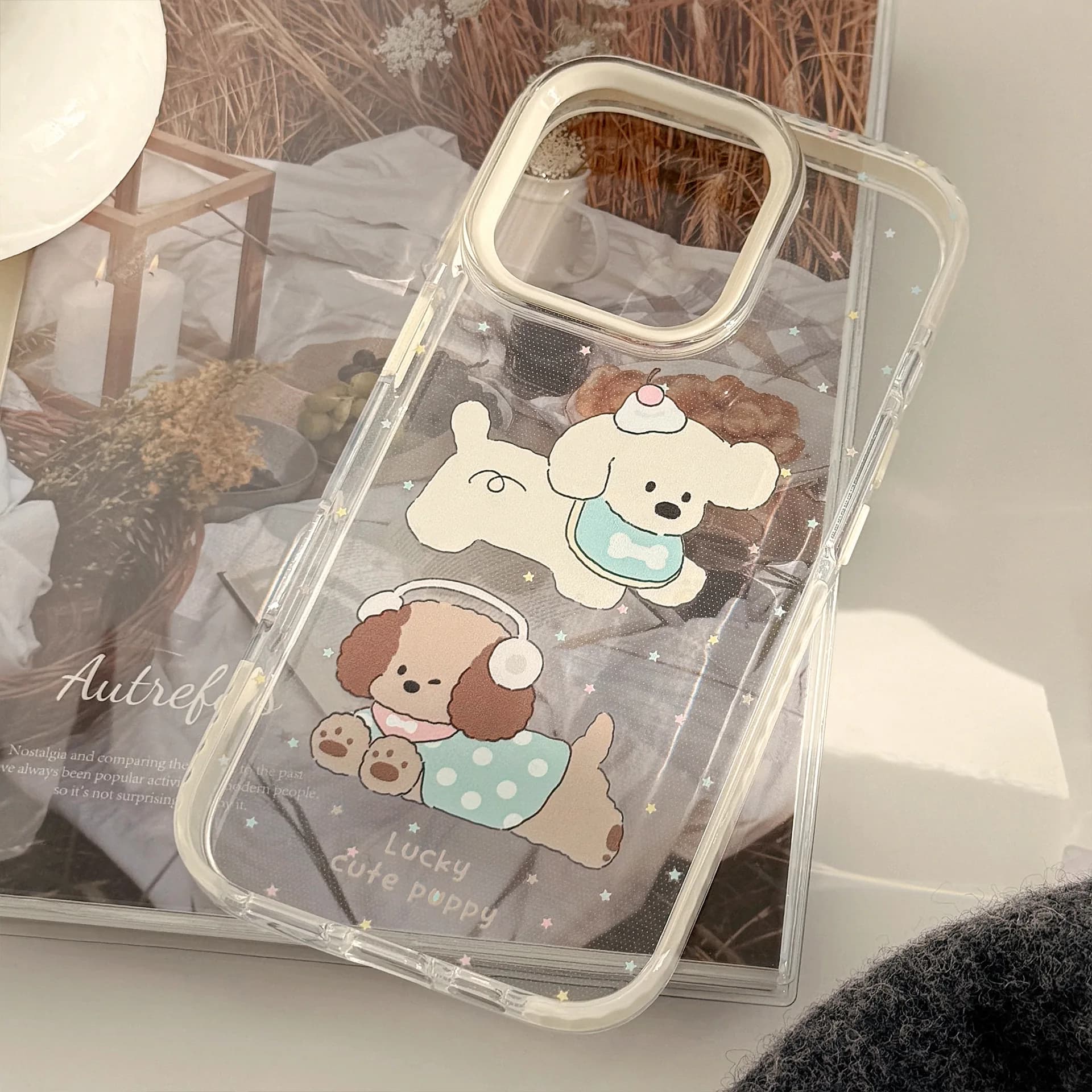 Korean Cartoon Puppy Graffiti Stars Pattern Phone Case For iPhone 17 16 15 14 13 12 Pro Max Clear Shockproof Protective Cover
