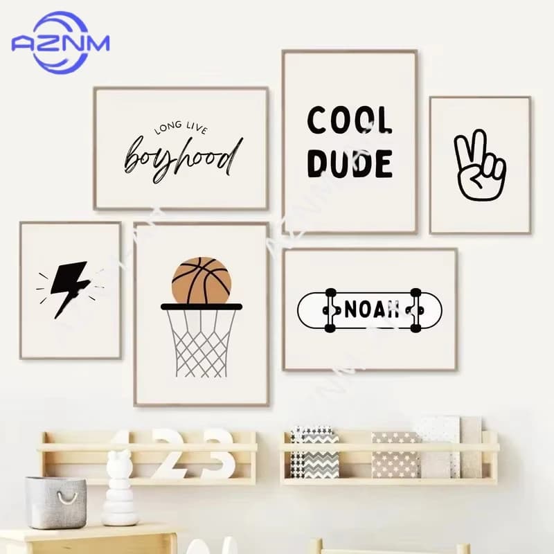 1/6 Pieces Poster Simple Basket and Skateboard, Wall Art Printable for Bedroom, Painted on Kids Room Decoration Board