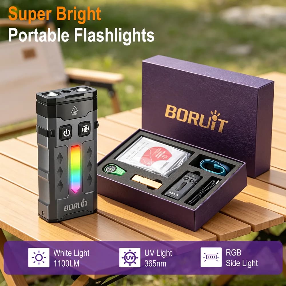 BORUiT EV20 Torcia EDC 1100LM Luce UV 365nm Set Regalo 4-in-1 con Coperta di Pronto Soccorso, Fischietto e Bussola, Regalo per Attività all'Aperto e Vacanze
